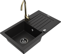 Mexen Pablo granite sink, 1-bowl with drainer and Telma kitchen faucet, black - 6510-77-670200-50-B
