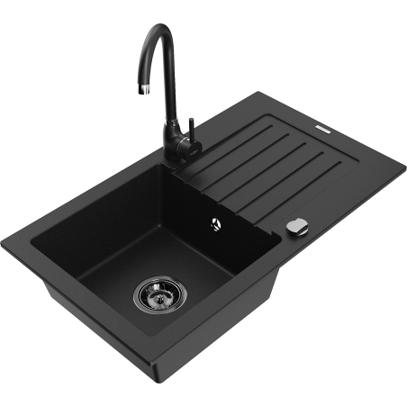 Mexen Pablo granite sink 1-bowl with drainer and Telma kitchen faucet, black - 6510-77-670200-70-B