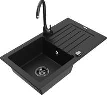 Mexen Pablo granite kitchen sink 1-bowl with drainer and Telma faucet, black - 6510-77-670200-70-B