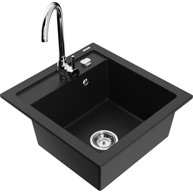 Mexen Vito 1-compartment granite sink with kitchen mixer tap Telma, Black - 6503-77-670200-00