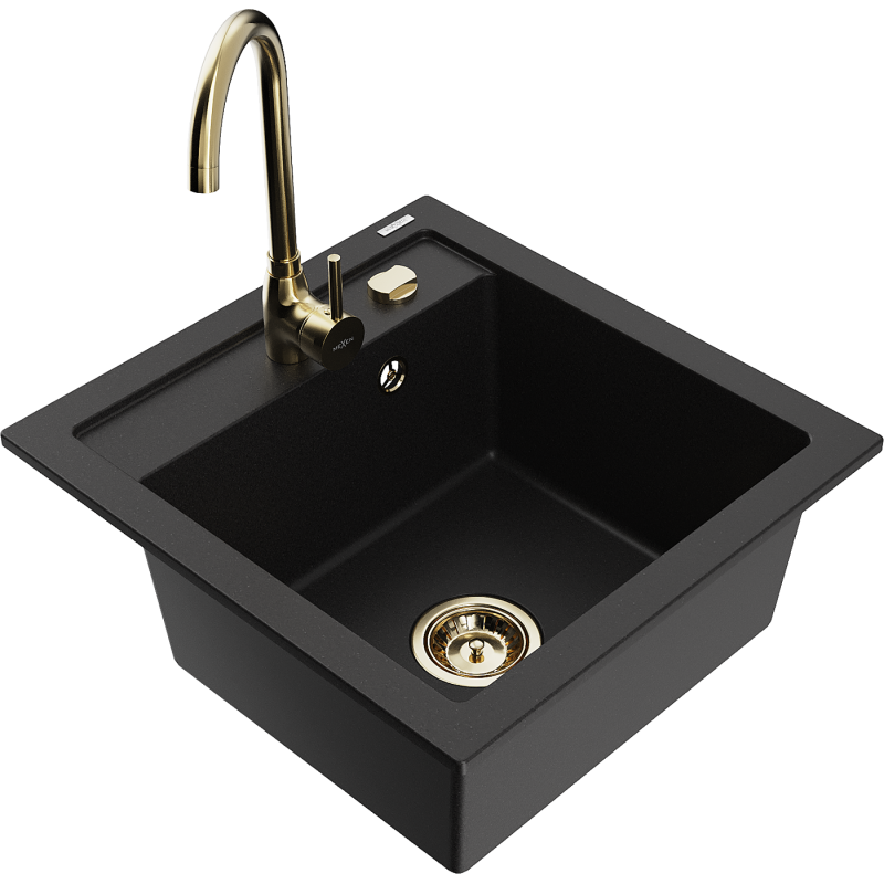 Mexen Vito 1-compartment granite sink with kitchen mixer tap Telma, Black - 6503-77-670200-50