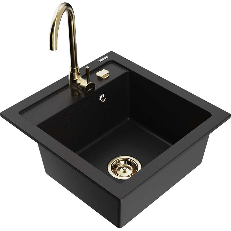 Mexen Vito granite sink single-bowl with Telma kitchen tap, black - 6503-77-670200-50
