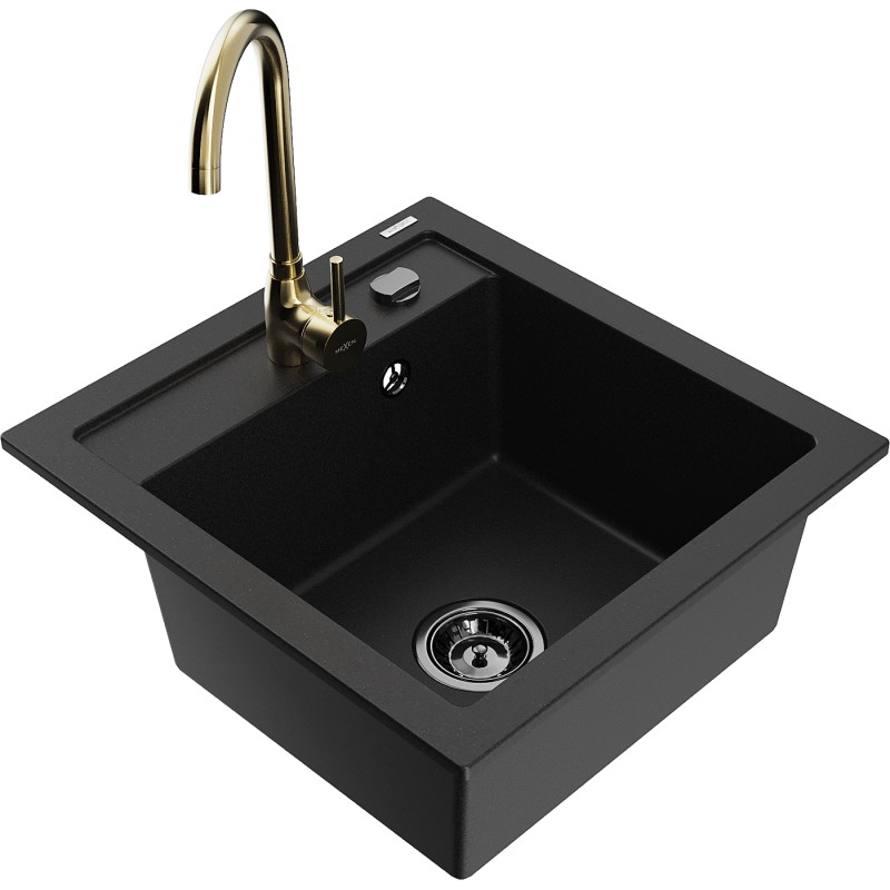 Mexen Vito 1-bowl granite kitchen sink with Telma faucet, black - 6503-77-670200-50-B