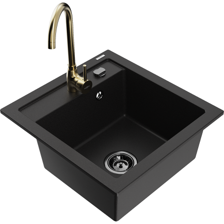 Mexen Vito 1-bowl granite kitchen sink with Telma faucet, black - 6503-77-670200-50-B