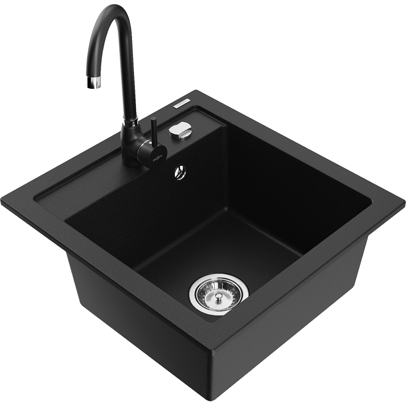 Mexen Vito 1-bowl granite sink with Telma kitchen faucet, black - 6503-77-670200-70