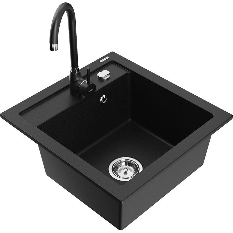 Mexen Vito granite kitchen sink 1-bowl with Telma kitchen tap, black - 6503-77-670200-70