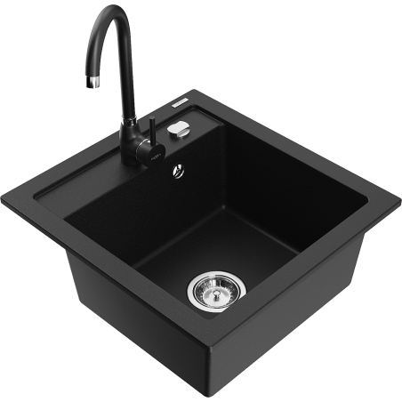 Mexen Vito granite kitchen sink 1-bowl with Telma kitchen tap, black - 6503-77-670200-70