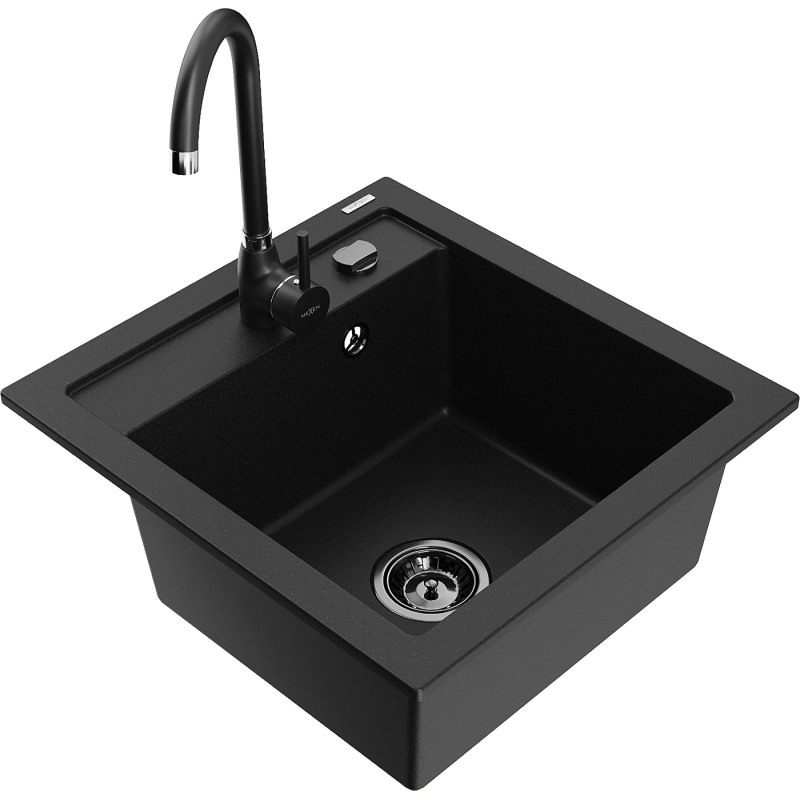 Mexen Vito granite single-bowl sink with Telma kitchen faucet, black - 6503-77-670200-70-B