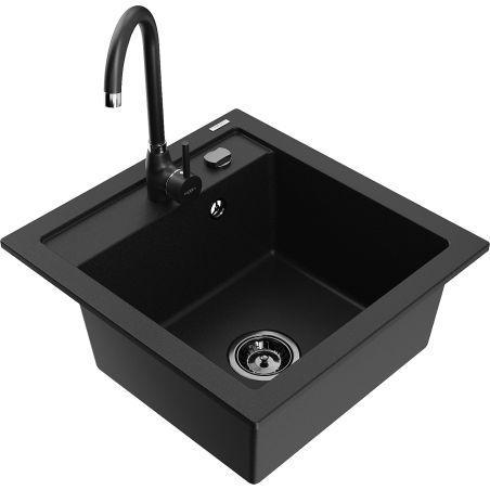 Mexen Vito granite single-bowl sink with Telma kitchen faucet, black - 6503-77-670200-70-B