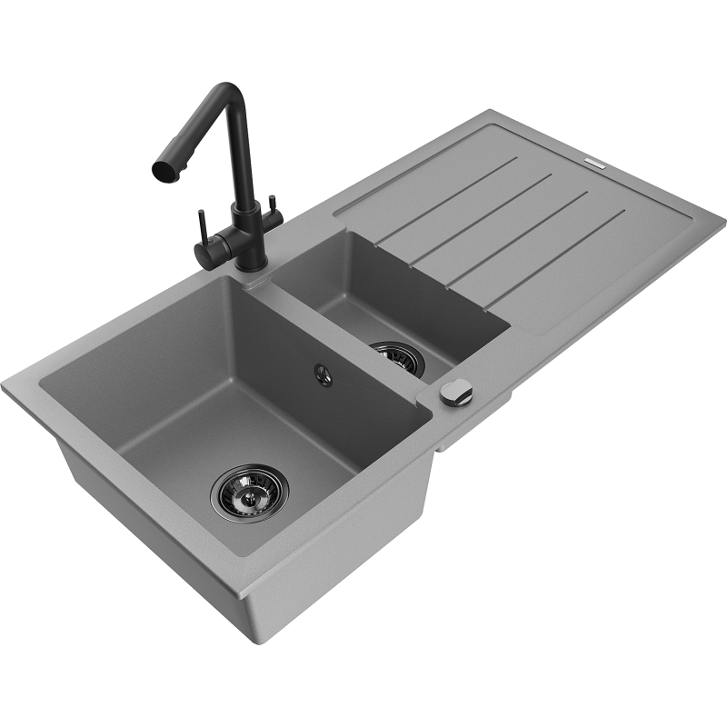 Mexen Andres 1.5-compartment granite sink with a drip tray and kitchen mixer tap Duero, Grey - 6515-71-671600-70-B