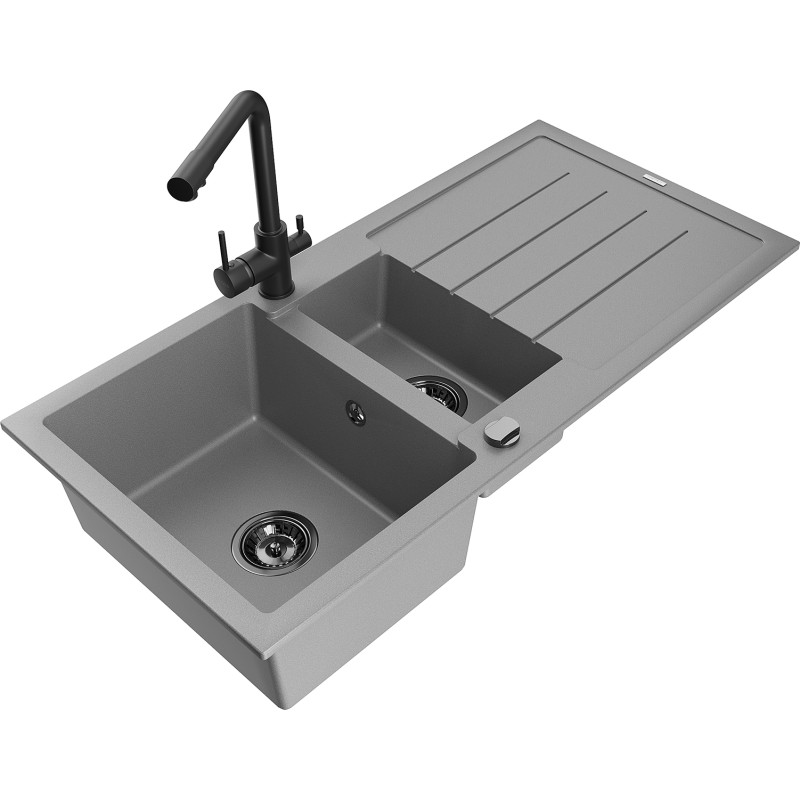 Mexen Andres granite sink 1.5-bowl with drainer and Duero kitchen faucet, gray - 6515-71-671600-70-B