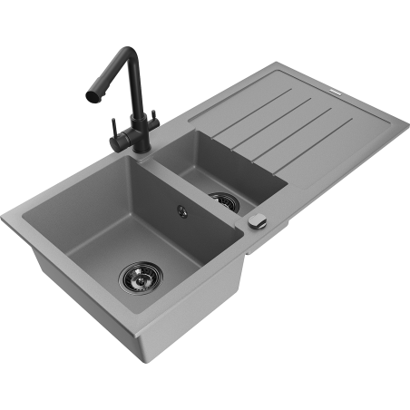 Mexen Andres granite sink 1.5-bowl with drainer and Duero kitchen faucet, gray - 6515-71-671600-70-B