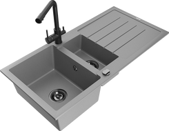Mexen Andres granite sink 1.5-bowl with drainer and Duero kitchen faucet, gray - 6515-71-671600-70-B