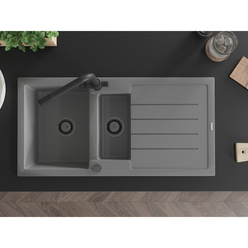 Mexen Andres granite sink 1.5-bowl with drainer and Duero kitchen faucet, gray - 6515-71-671600-70-B
