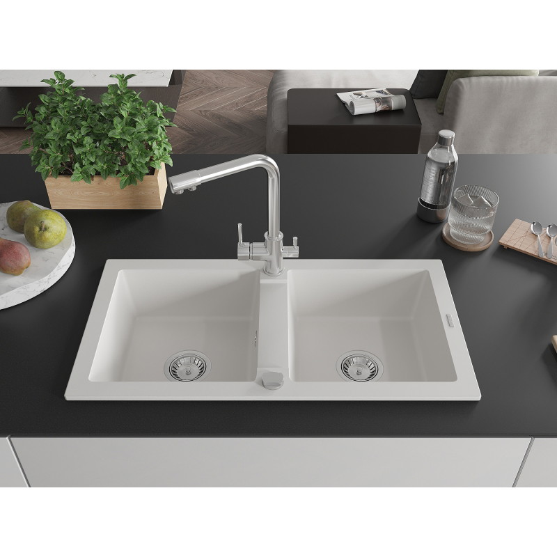 Mexen Mario granite kitchen sink 2-bowl with Duero kitchen faucet, white - 6504-20-671600-00