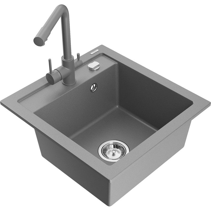 Mexen Vito 1-Bowl Granite Sink with Duero Kitchen Faucet, Gray - 6503-71-671600-71