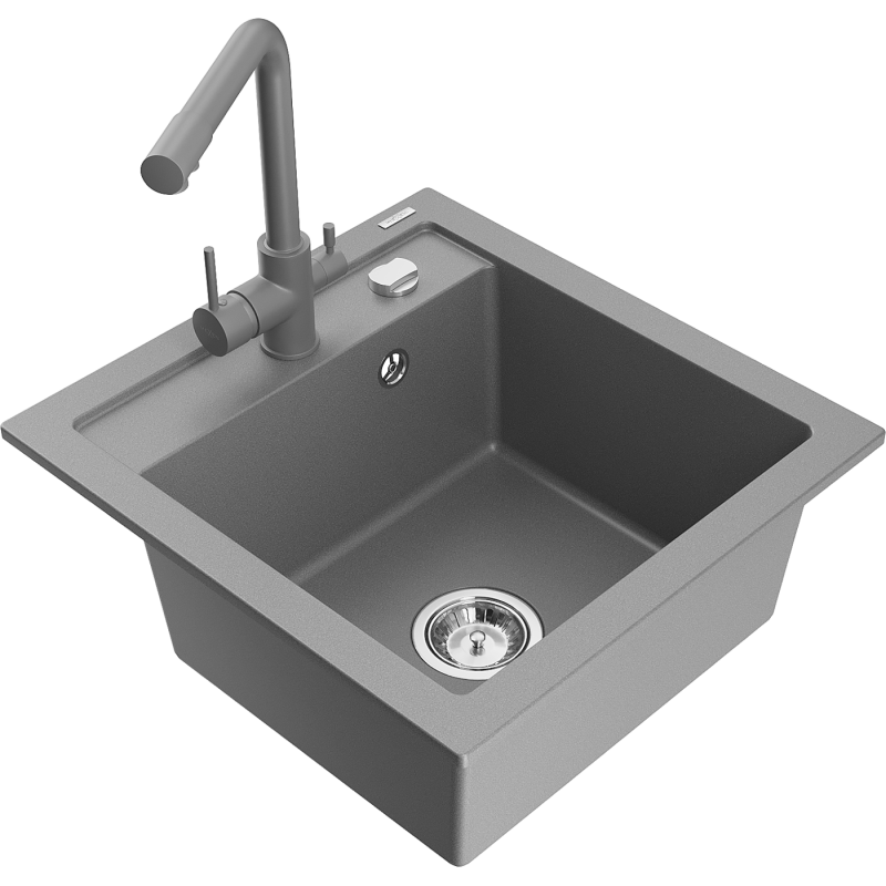 Mexen Vito 1-compartment granite sink with a kitchen mixer tap Duero, Grey - 6503-71-671600-71