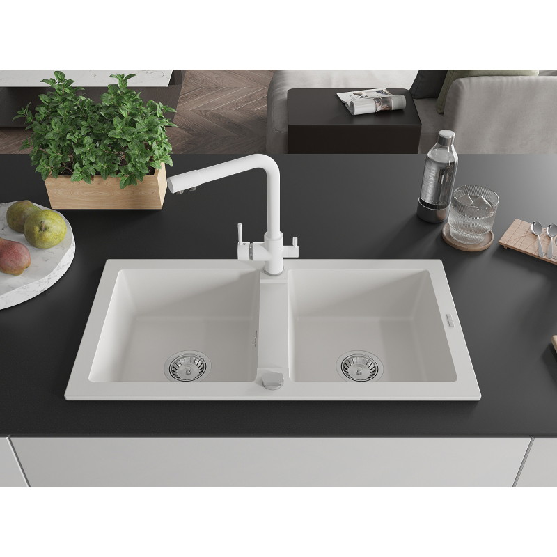 Mexen Mario granite kitchen sink 2-chamber with Duero kitchen faucet, white - 6504-20-671600-20