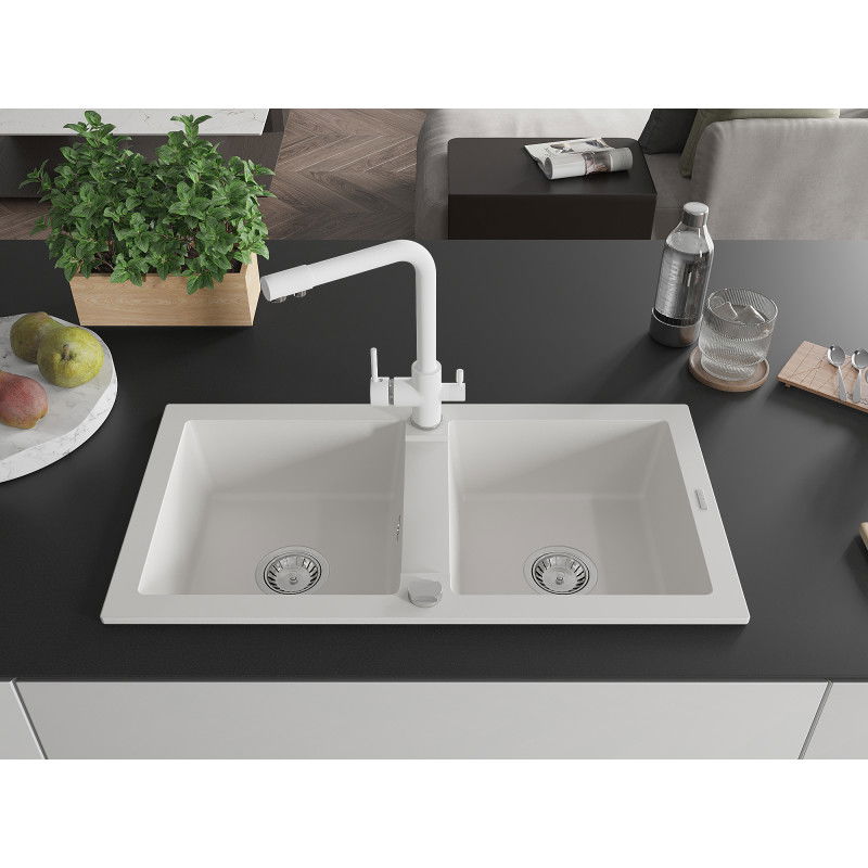 Mexen Mario granite sink 2-bowl with Duero kitchen tap, white - 6504-20-671600-20