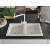 Mexen Mario granite double bowl sink with Duero kitchen faucet, white - 6504-20-671600-20