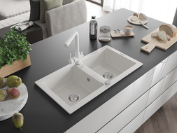 Mexen Mario 2-compartment granite sink with a kitchen mixer tap Duero, White - 6504-20-671600-20