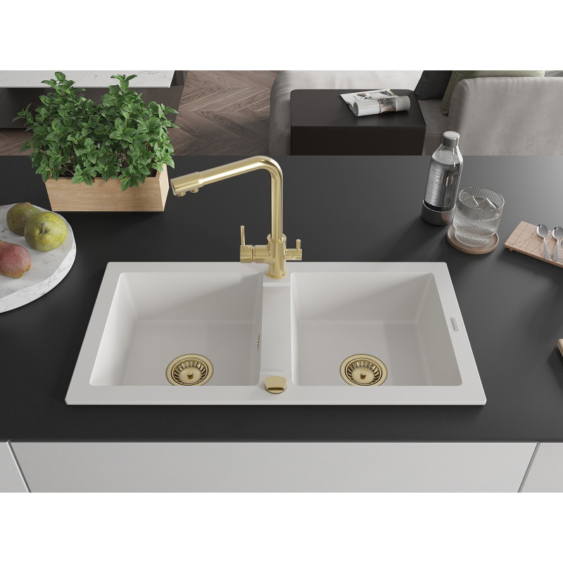 Mexen Mario 2-bowl granite sink with kitchen faucet Duero, white - 6504-20-671600-50