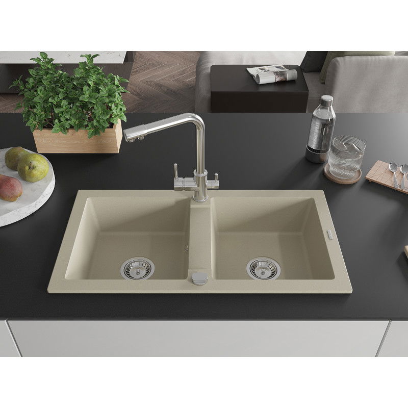 Mexen Mario granite 2-bowl kitchen sink with Duero tap, beige - 6504-69-671600-00