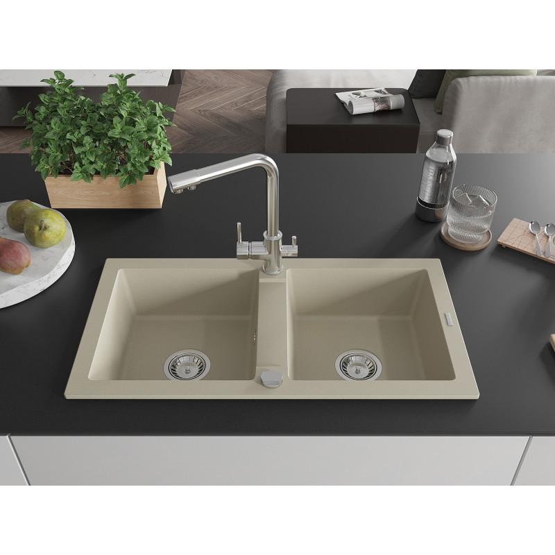 Mexen Mario granite double bowl kitchen sink with Duero faucet, beige - 6504-69-671600-00
