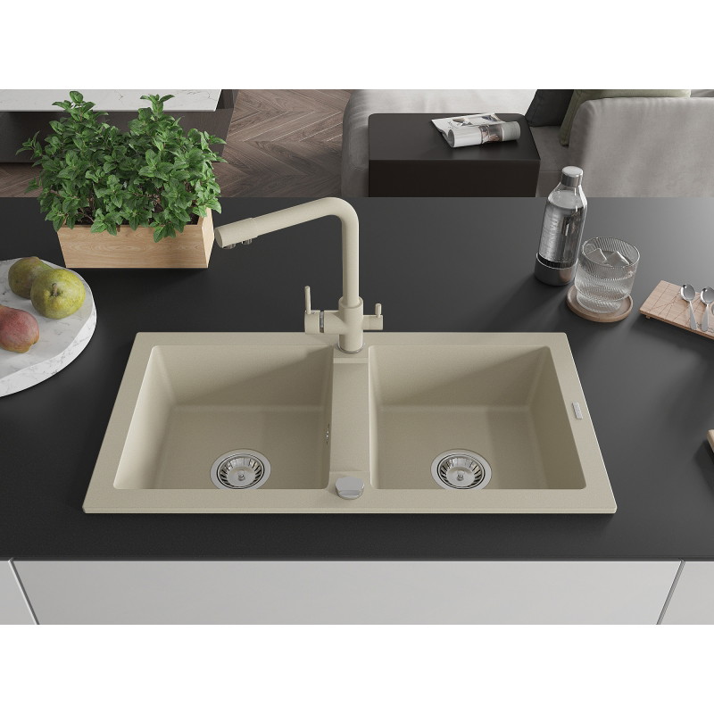 Mexen Mario Granite Double-Bowl Sink with Duero Kitchen Faucet, Beige - 6504-69-671600-69