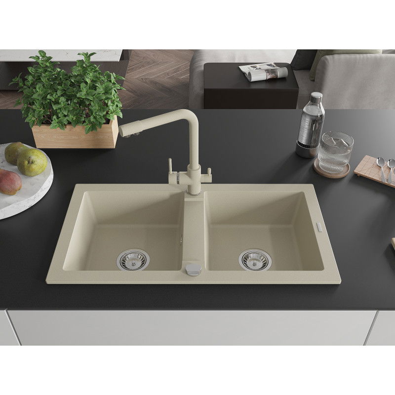 Mexen Mario granite double-bowl sink with Duero kitchen tap, beige - 6504-69-671600-69
