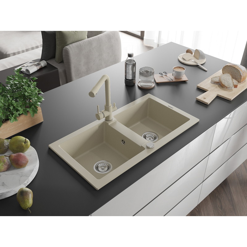 Mexen Mario 2-bowl granite sink with kitchen faucet Duero, beige - 6504-69-671600-69