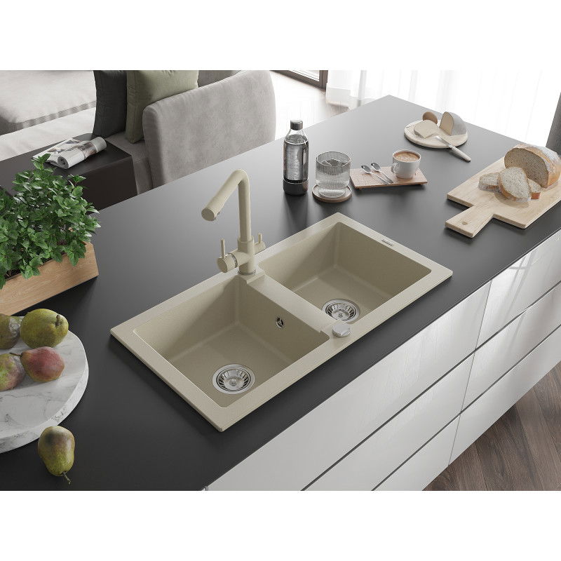 Mexen Mario granite double-bowl sink with Duero kitchen tap, beige - 6504-69-671600-69
