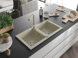 Mexen Mario 2-bowl granite sink with kitchen faucet Duero, beige - 6504-69-671600-69
