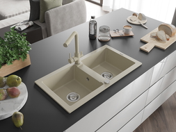 Mexen Mario granite double-bowl sink with Duero kitchen tap, beige - 6504-69-671600-69