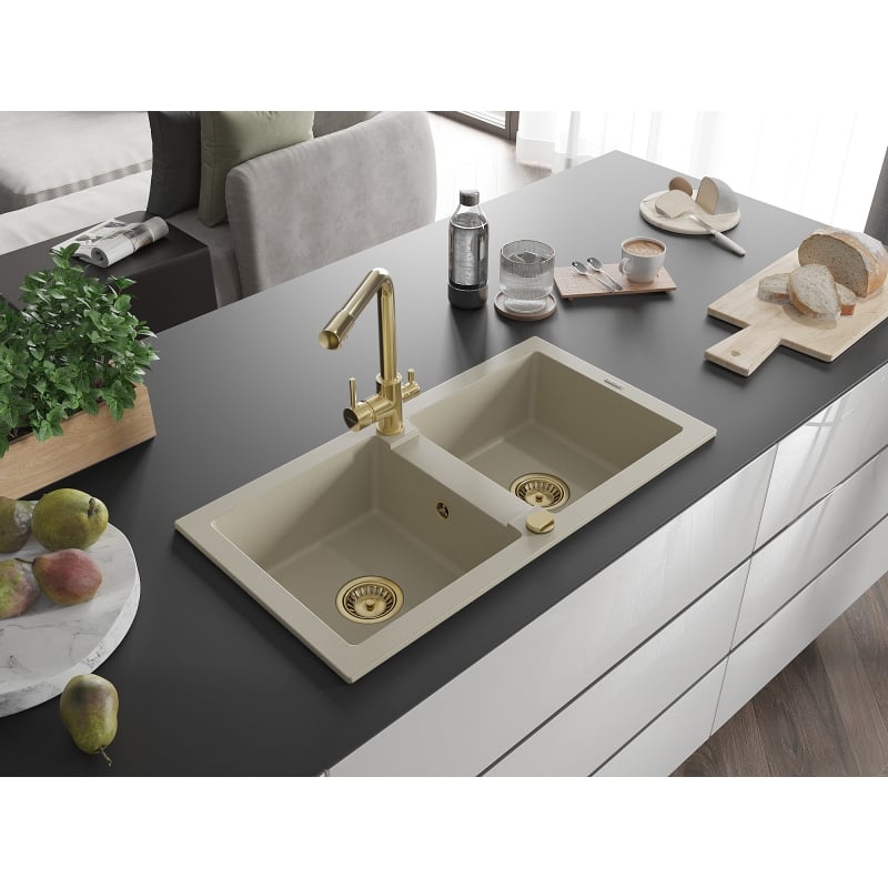 Mexen Mario 2-chamber granite sink with Duero kitchen faucet, beige - 6504-69-671600-50