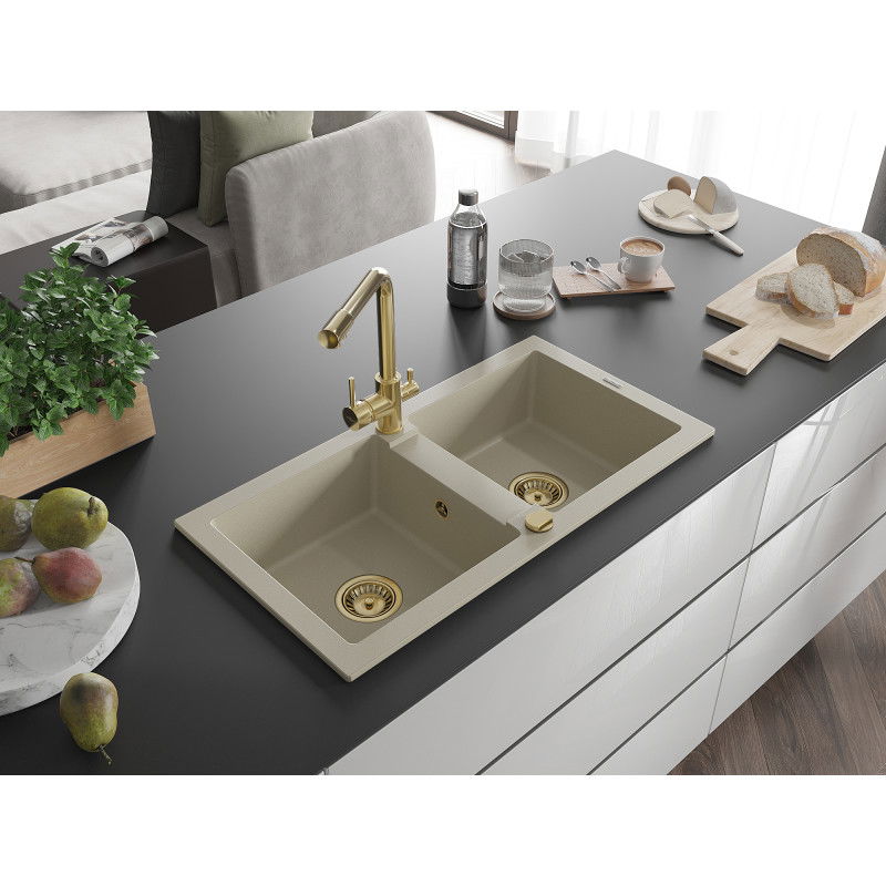 Mexen Mario granite kitchen sink 2-bowl with Duero kitchen tap, beige - 6504-69-671600-50