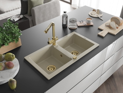 Mexen Mario 2-chamber granite sink with Duero kitchen faucet, beige - 6504-69-671600-50