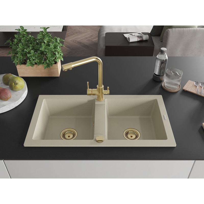Mexen Mario 2-Bowl Granite Kitchen Sink with Duero Faucet, Beige - 6504-69-671600-50