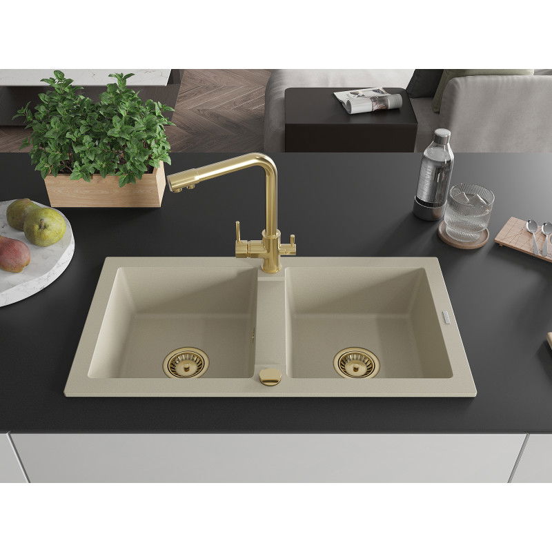 Mexen Mario granite kitchen sink 2-bowl with Duero kitchen tap, beige - 6504-69-671600-50