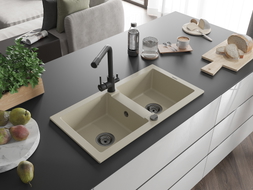 Mexen Mario granite double-bowl kitchen sink with Duero faucet, beige - 6504-69-671600-70