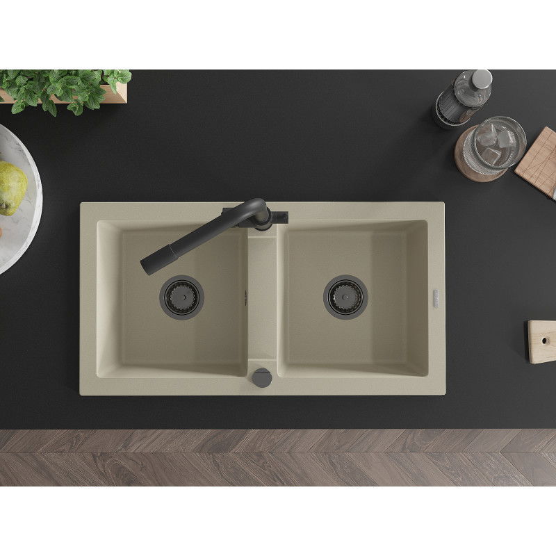 Mexen Mario granite kitchen sink 2-bowl with Duero kitchen tap, beige - 6504-69-671600-70
