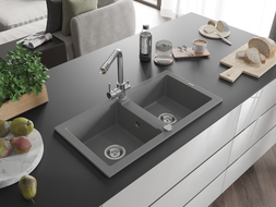 Mexen Mario 2-compartment granite sink with Duero kitchen faucet, gray - 6504-71-671600-00