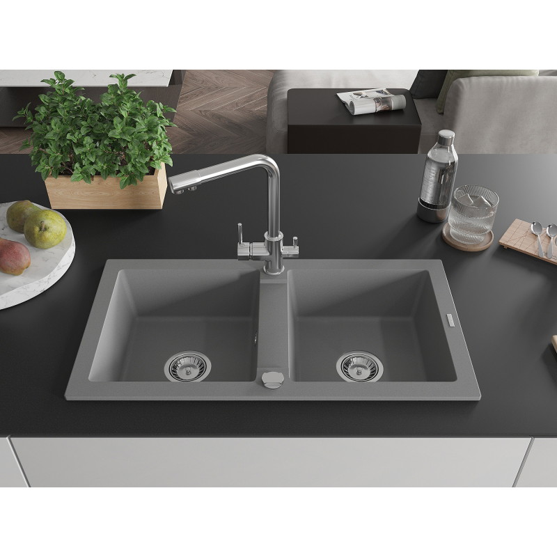 Mexen Mario granite double-bowl kitchen sink with Duero mixer, gray - 6504-71-671600-00