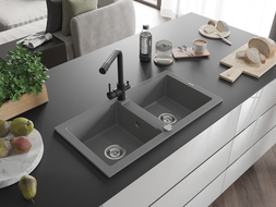 Mexen Mario granite sink 2-bowl with Duero kitchen tap, grey - 6504-71-671600-70