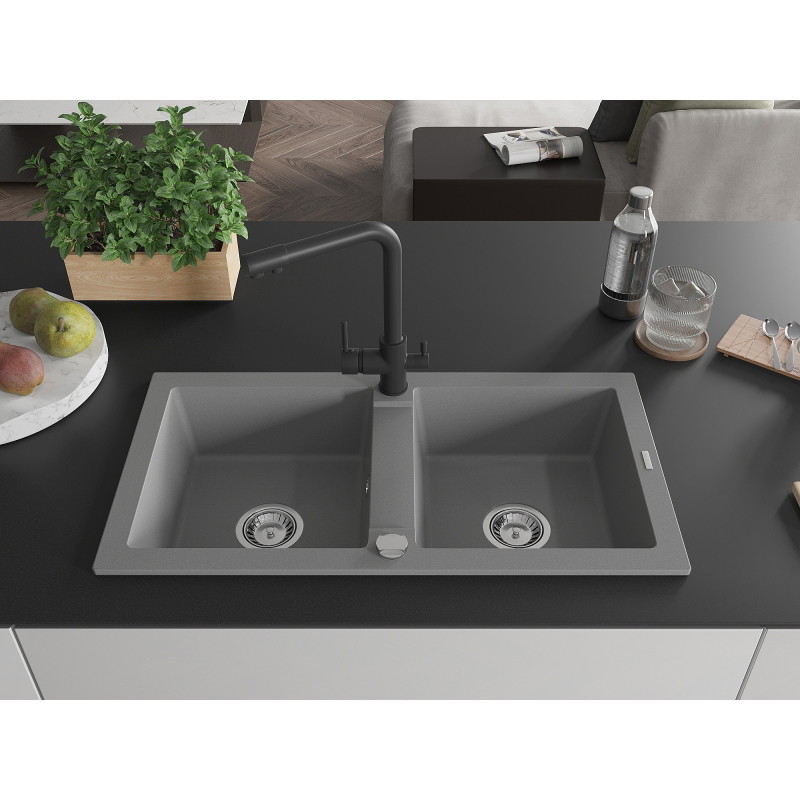 Mexen Mario two-bowl granite sink with Duero kitchen faucet, gray - 6504-71-671600-70