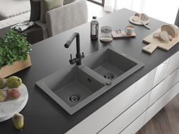 Mexen Mario 2-chamber granite sink with Duero kitchen faucet, gray - 6504-71-671600-70-B