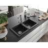 Mexen Mario 2-bowl granite sink with kitchen faucet Duero, black/silver metallic - 6504-73-671600-00