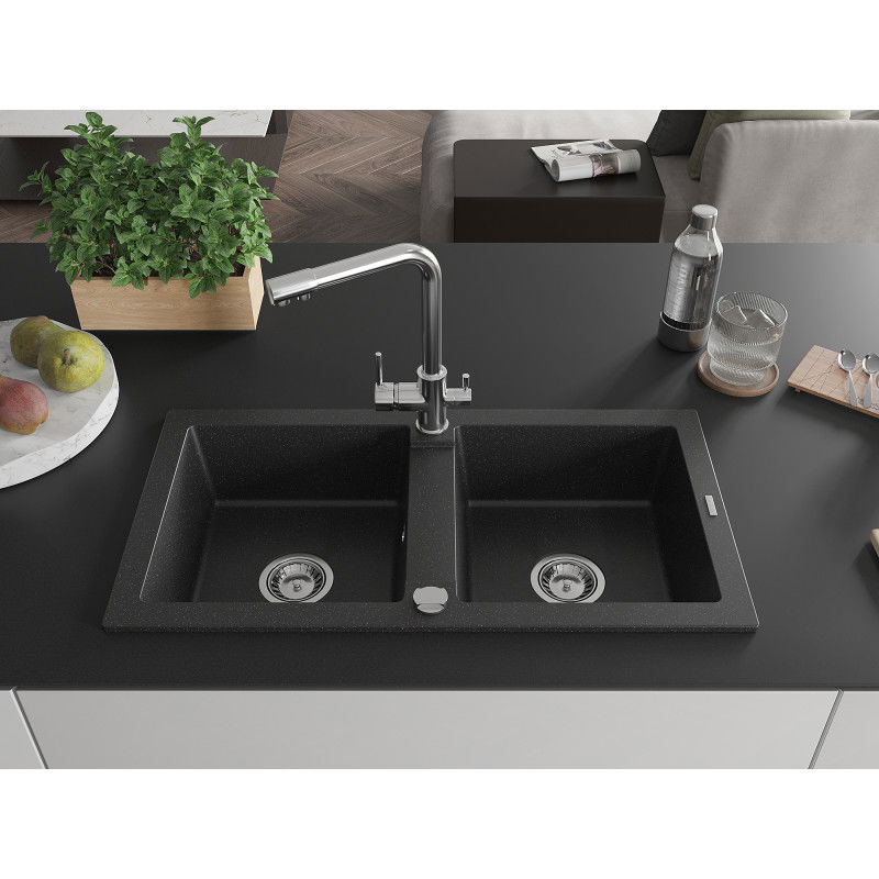 Mexen Mario granite sink 2-bowl with Duero kitchen tap, black/silver metallic - 6504-73-671600-00