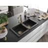 Mexen Mario granite sink 2-bowl with Duero kitchen tap, black/silver metallic - 6504-73-671600-50