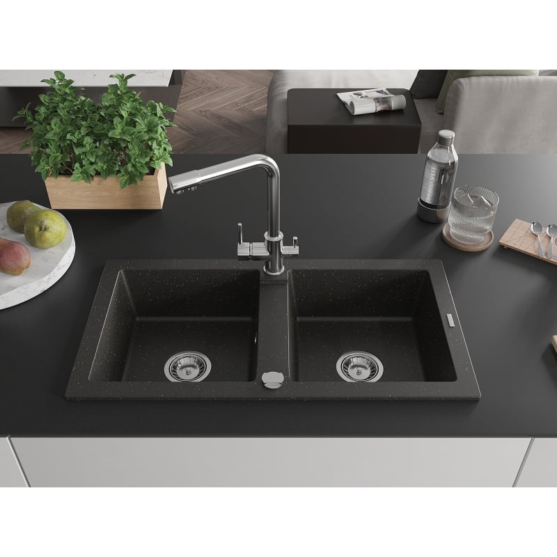 Mexen Mario granite double-bowl sink with Duero kitchen faucet, black/gold metallic - 6504-75-671600-00